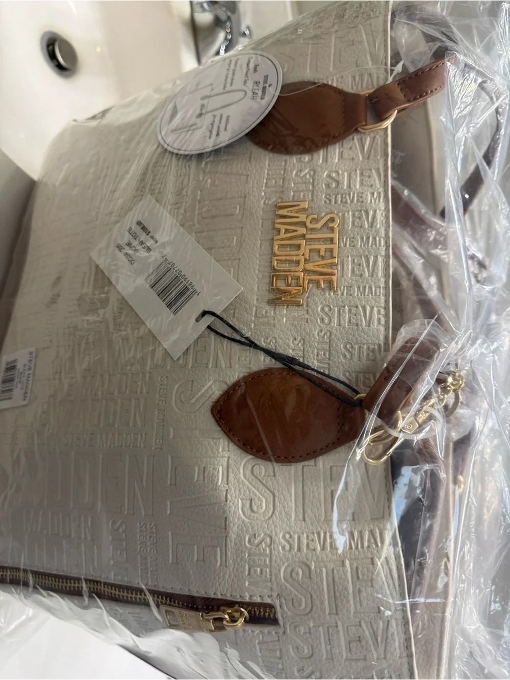 Steve Madden White Tote Bag with Brown Trim